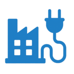 Ícone azul representando instalações elétricas comerciais e industriais, com edifício e símbolo elétrico.