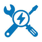 Ícone azul representando serviços de manutenção e reparações elétricas, com engrenagens e símbolo elétrico.