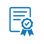Ícone azul representando certificações e legalizações elétricas, com um selo e um símbolo de raio.