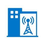 Ícone azul representando um edifício com antena de telecomunicações, simbolizando serviços ITED – Infraestruturas de Telecomunicações em Edifícios.