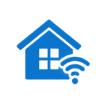 Ícone azul de uma casa inteligente com símbolo Wi-Fi, representando automação residencial.